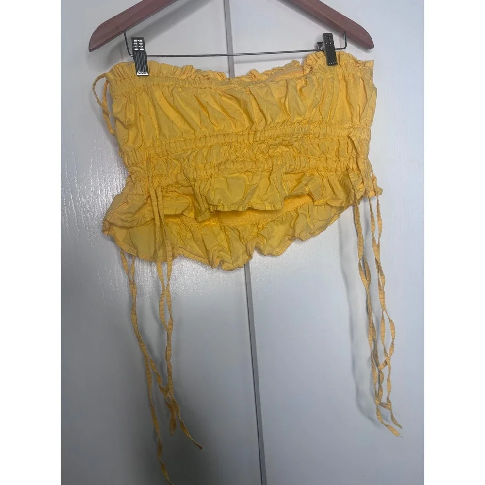 Free People Yellow Smocked Tube Top Ruffle Crop Boho Strapless Large